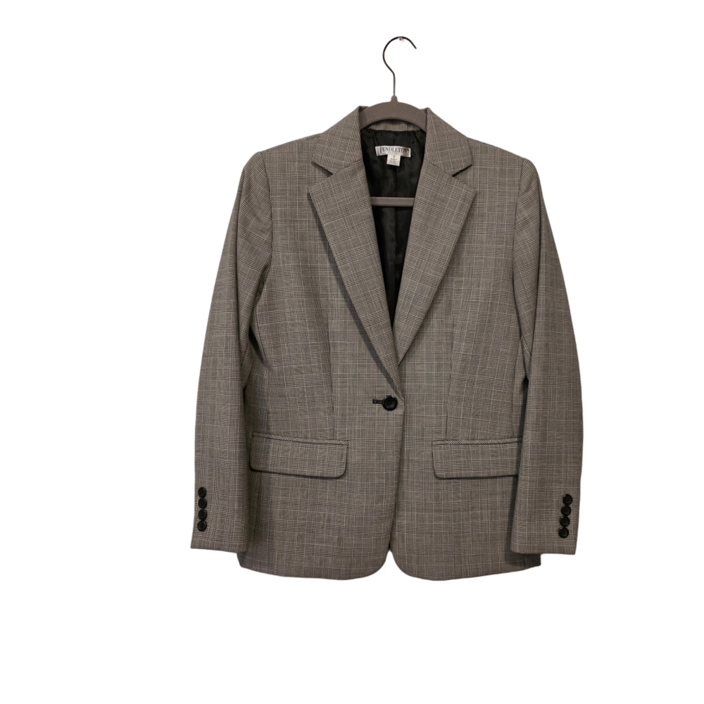 Pendleton Petite Vintage Blazer Grey Checkered Office Career Size 6 Medium Wool